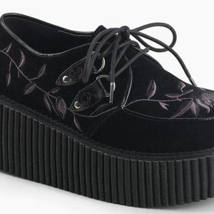 Demonia Black Velvet Rose Embroidered Monk Creeper-219 Size 9